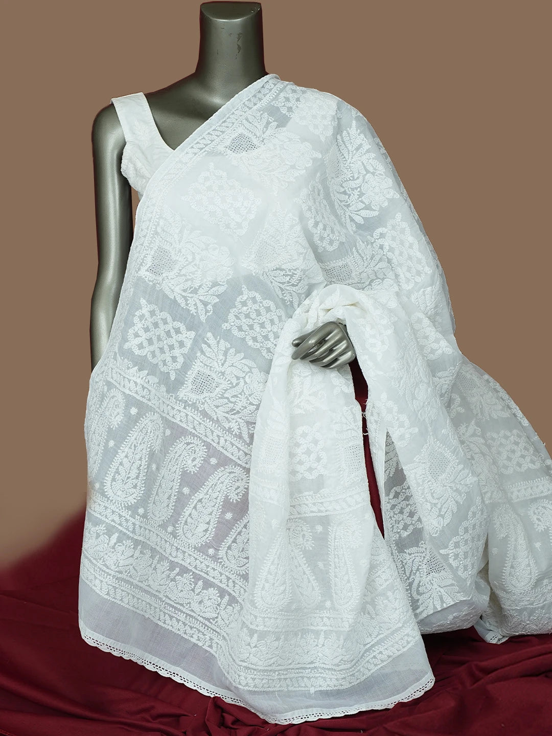 Ada Hand Embroidered White Cotton Lucknowi Chikankari Dupatta 01A801028