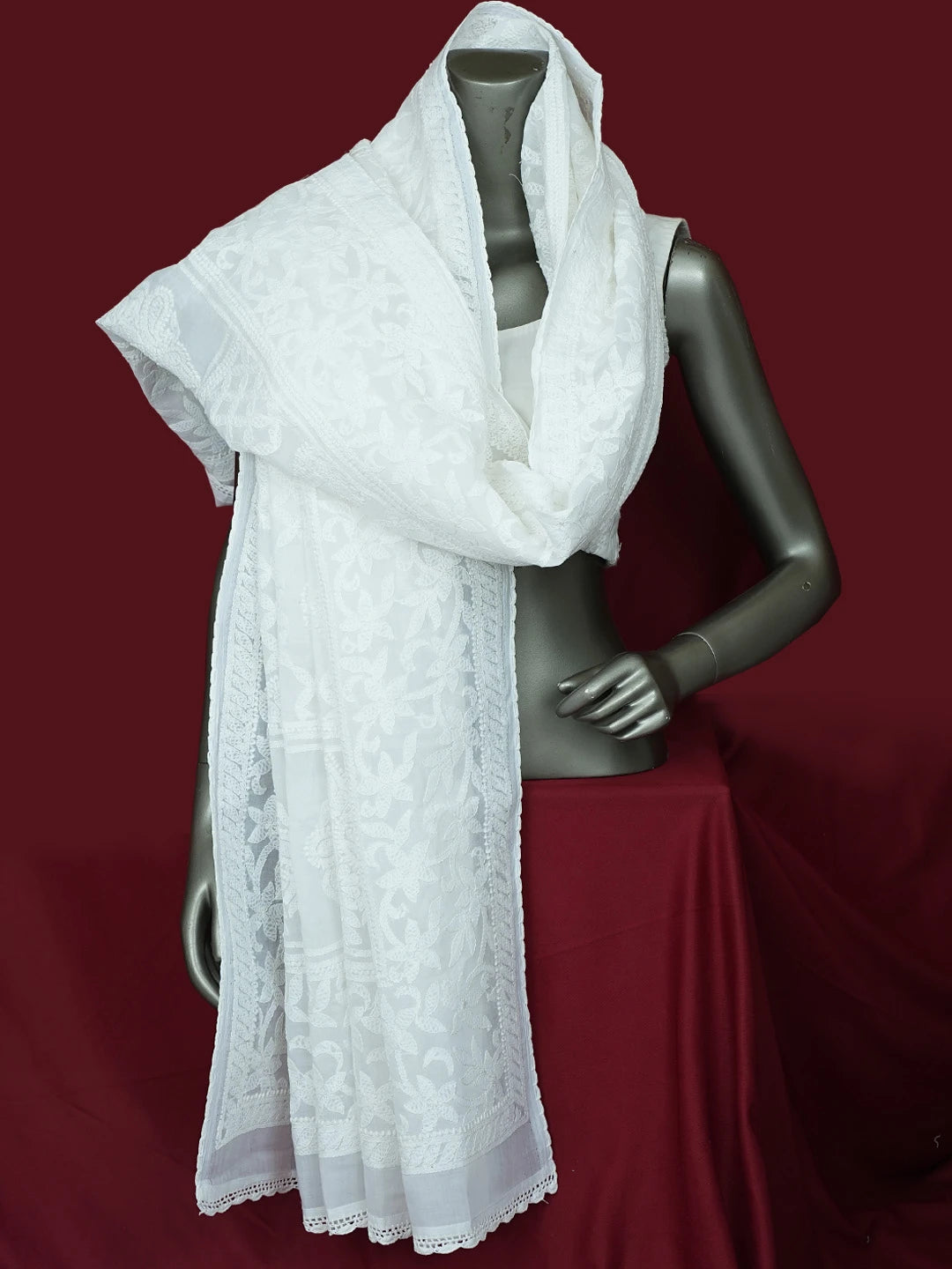 Ada Hand Embroidered White Cotton Lucknowi Chikankari Dupatta 01A801019