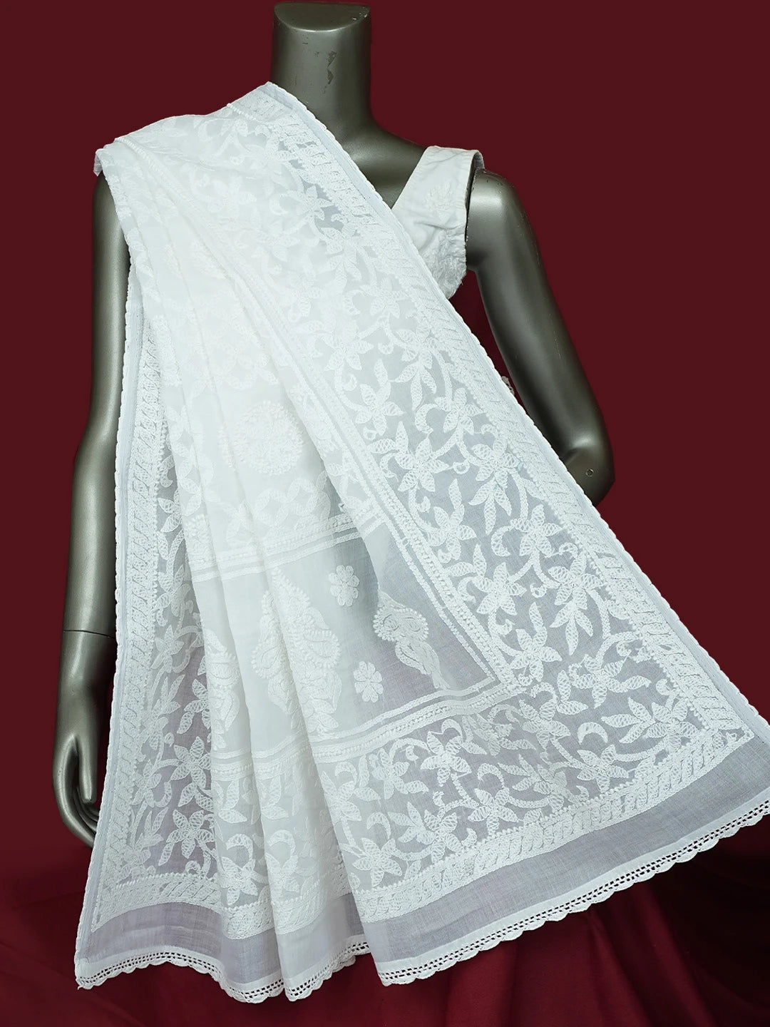 Ada Hand Embroidered White Cotton Lucknowi Chikankari Dupatta 01A801019