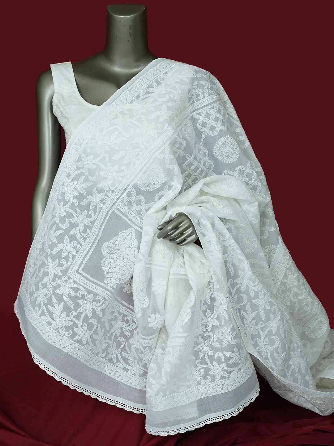 Ada Hand Embroidered White Cotton Lucknowi Chikankari Dupatta 01A801019