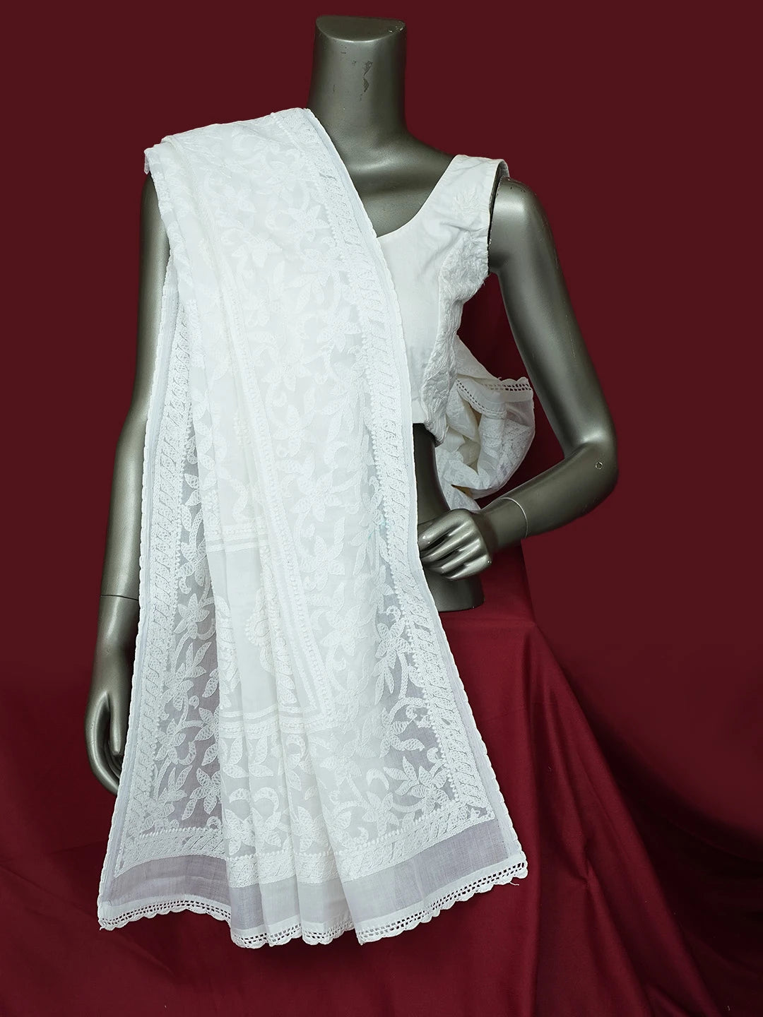 Ada Hand Embroidered White Cotton Lucknowi Chikankari Dupatta 01A801019