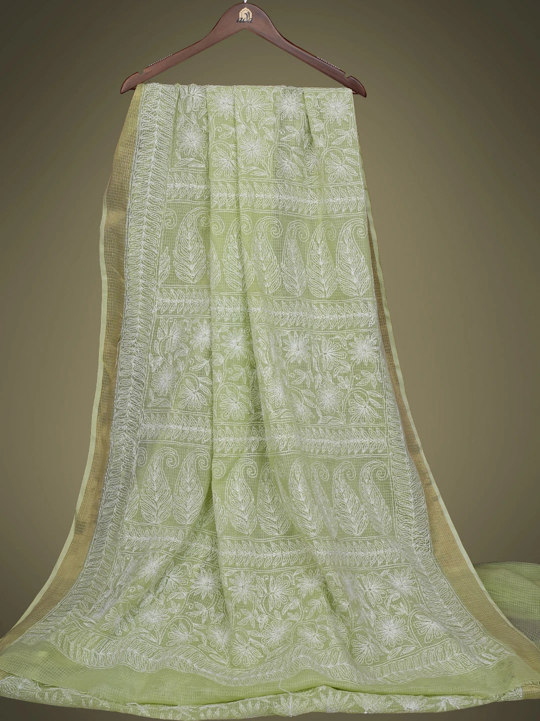 Ada Hand Embroidered Green Kota Lucknowi Chikankari Saree With Blouse 01A653578