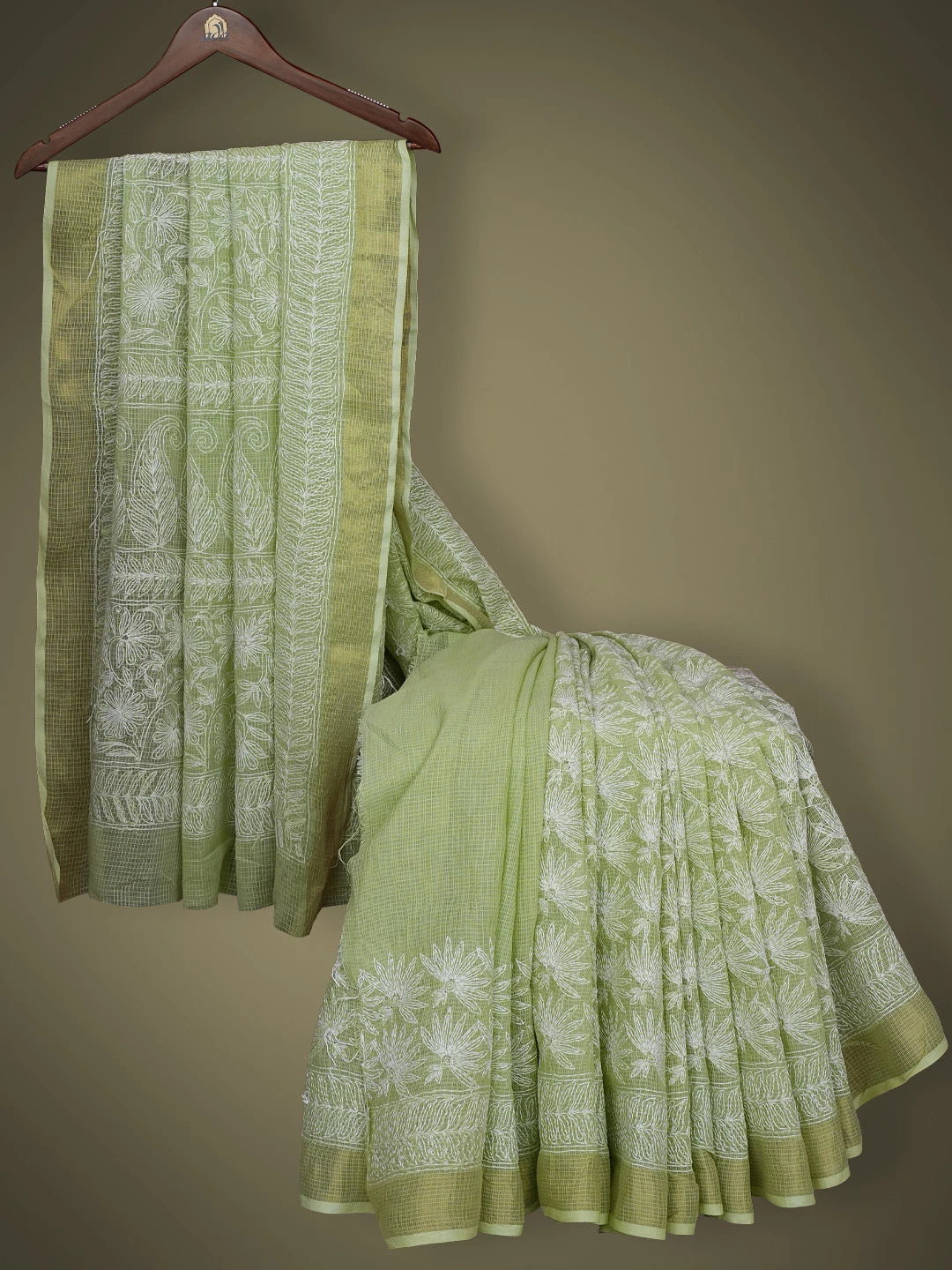Ada Hand Embroidered Green Kota Lucknowi Chikankari Saree With Blouse 01A653578