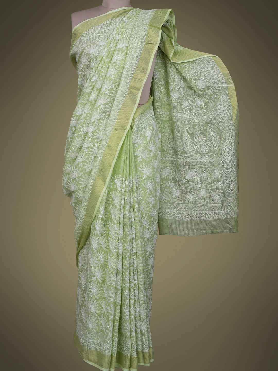 Ada Hand Embroidered Green Kota Lucknowi Chikankari Saree With Blouse 01A653578