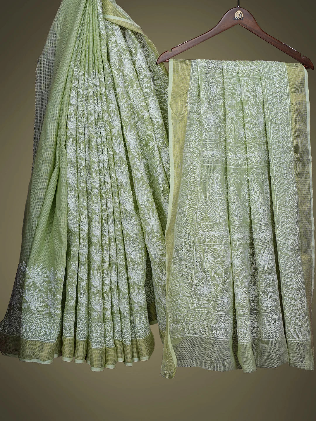 Ada Hand Embroidered Green Kota Lucknowi Chikankari Saree With Blouse 01A653578