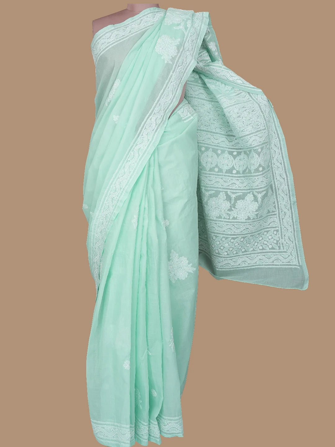 Ada Hand Embroidered Sea Green Cotton Lucknowi Chikankari Saree With Blouse 01A800133