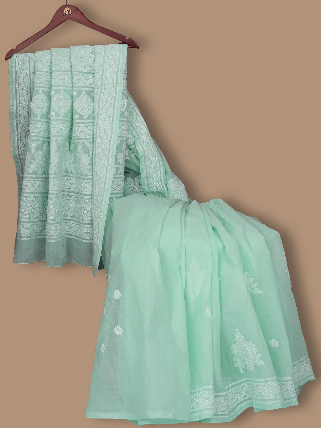 Ada Hand Embroidered Sea Green Cotton Lucknowi Chikankari Saree With Blouse 01A800133