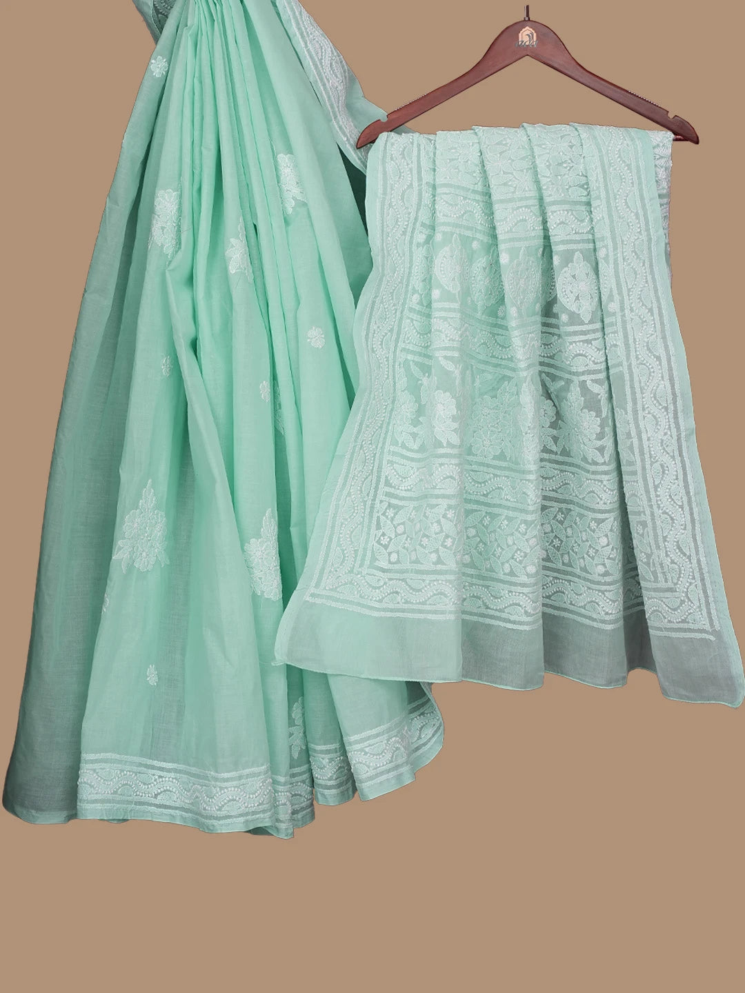 Ada Hand Embroidered Sea Green Cotton Lucknowi Chikankari Saree With Blouse 01A800133