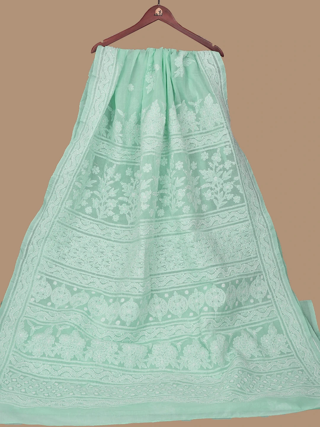 Ada Hand Embroidered Sea Green Cotton Lucknowi Chikankari Saree With Blouse 01A800133