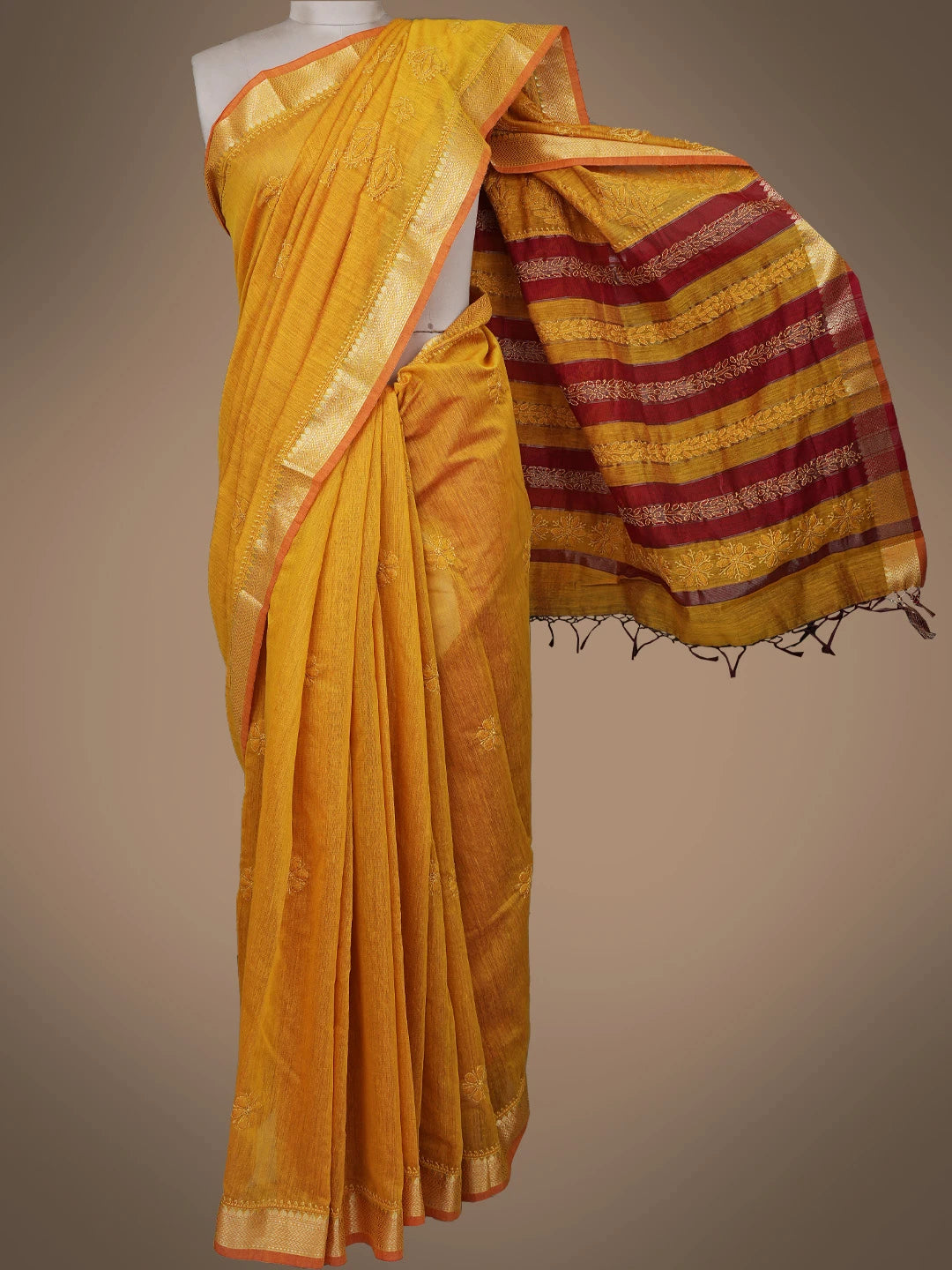 Ada Hand Embroidered Mustard Chanderi Lucknowi Chikankari Saree and Blouse 01A798661