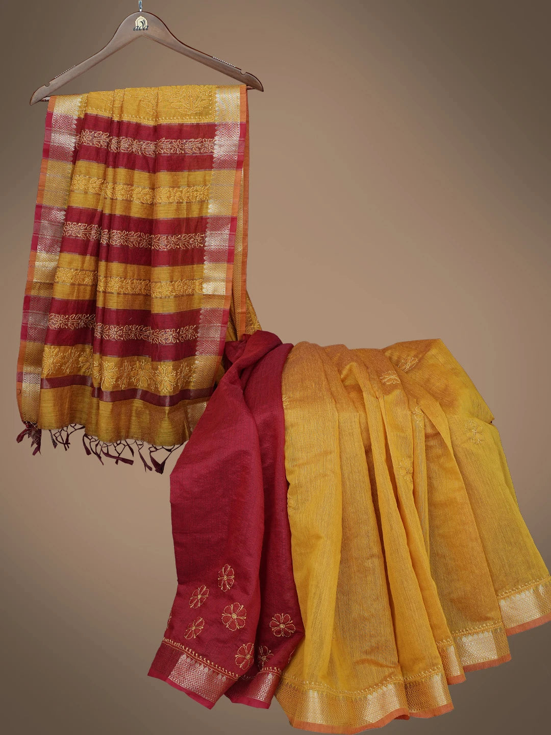 Ada Hand Embroidered Mustard Chanderi Lucknowi Chikankari Saree and Blouse 01A798661