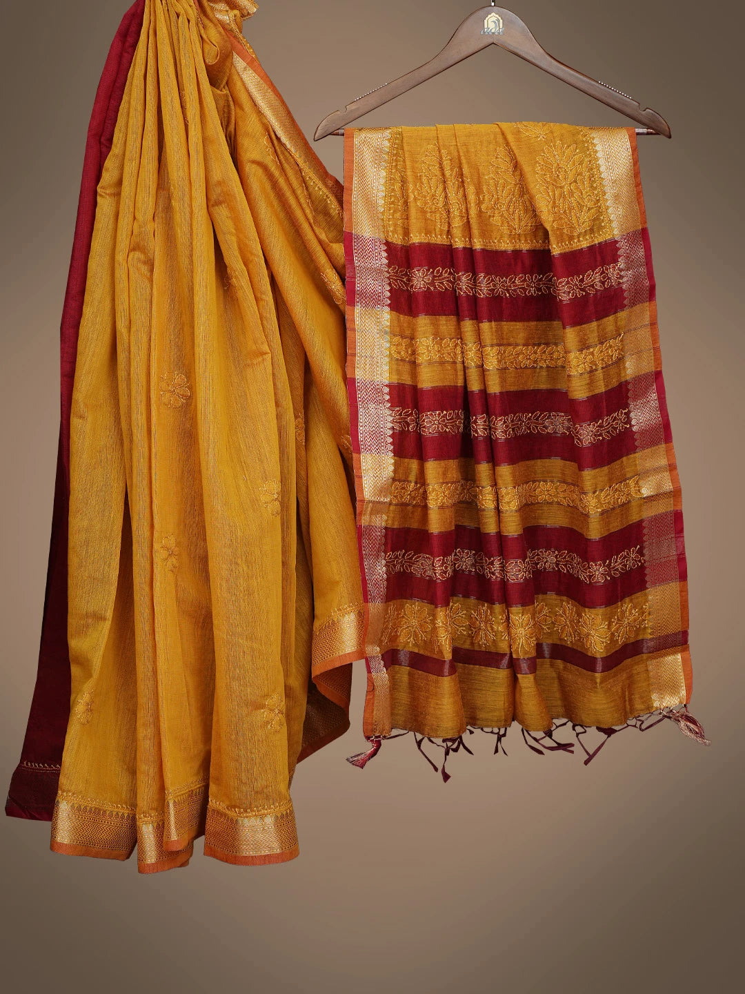 Ada Hand Embroidered Mustard Chanderi Lucknowi Chikankari Saree and Blouse 01A798661