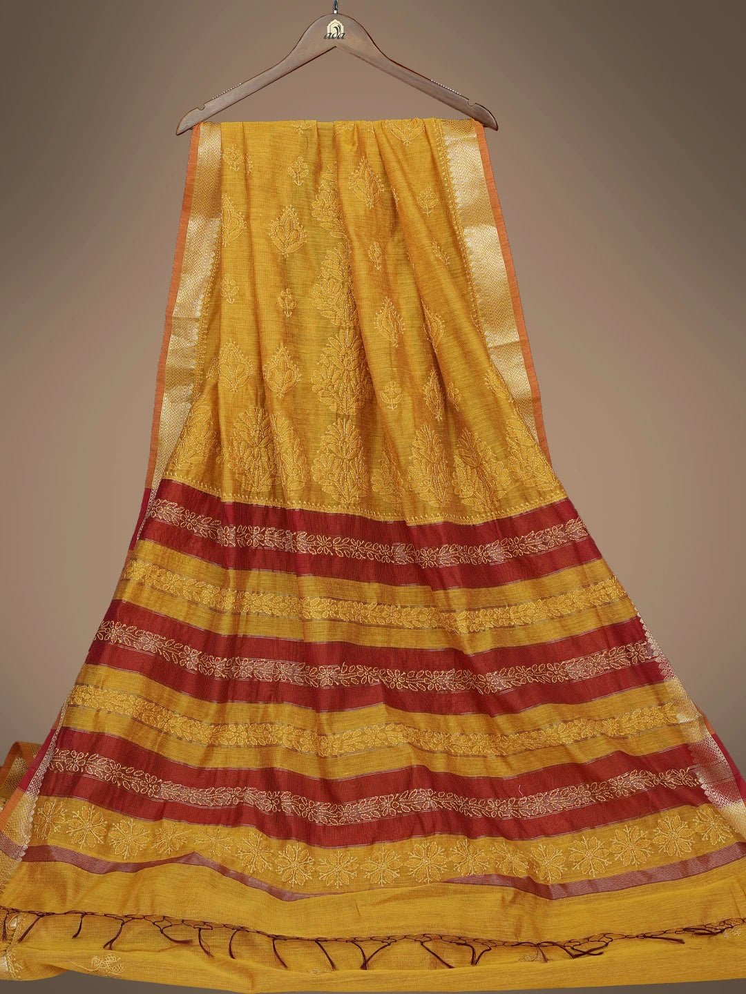 Ada Hand Embroidered Mustard Chanderi Lucknowi Chikankari Saree and Blouse 01A798661