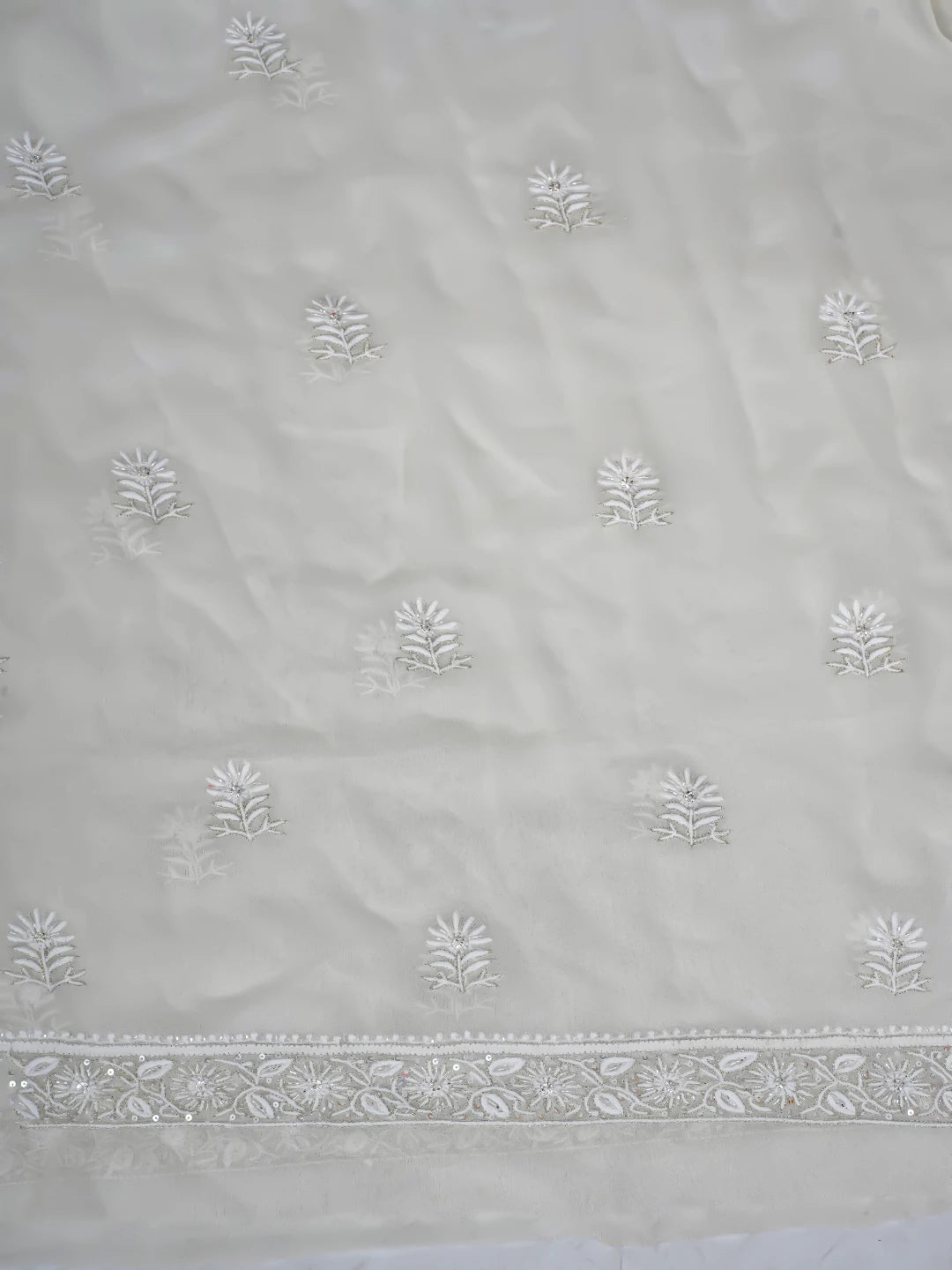 Ada Hand Embroidered White Pure Georgette Lucknowi Chikankari Unstitched Kurta Dupatta Set With Cutdana Work 01A698292
