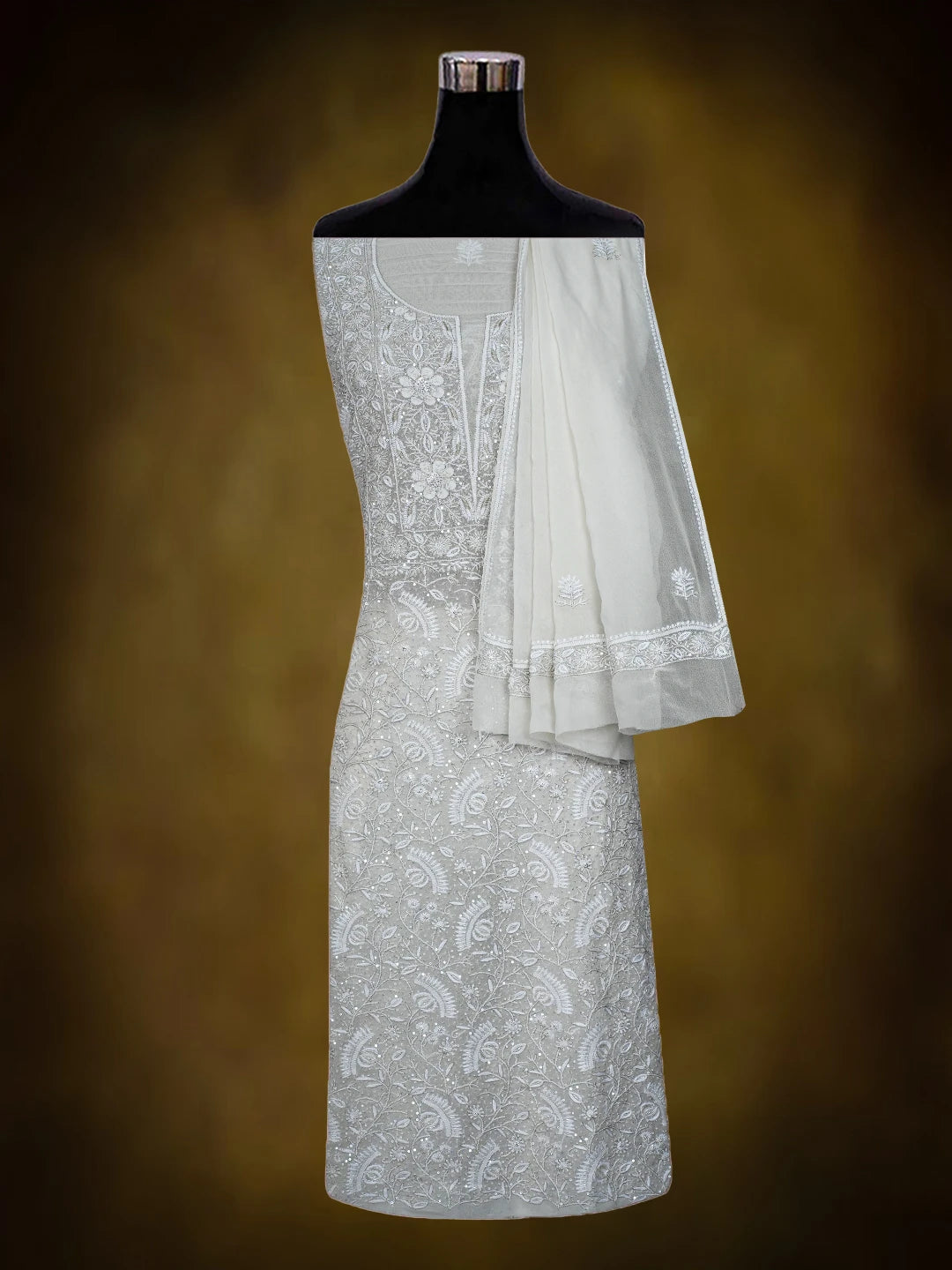 Ada Hand Embroidered White Pure Georgette Lucknowi Chikankari Unstitched Kurta Dupatta Set With Cutdana Work 01A698292