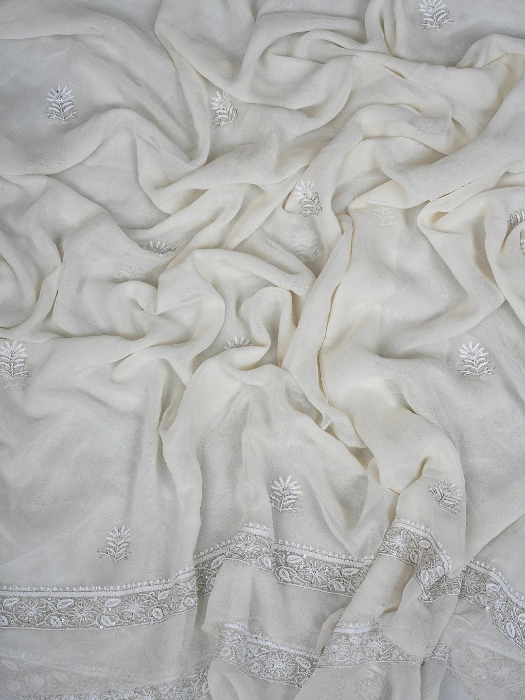 Ada Hand Embroidered White Pure Georgette Lucknowi Chikankari Unstitched Kurta Dupatta Set With Cutdana Work 01A698292