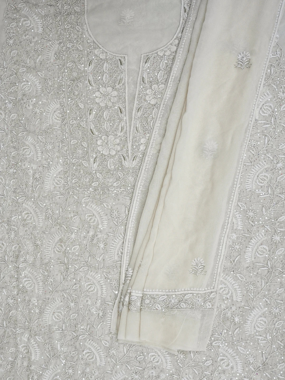 Ada Hand Embroidered White Pure Georgette Lucknowi Chikankari Unstitched Kurta Dupatta Set With Cutdana Work 01A698292
