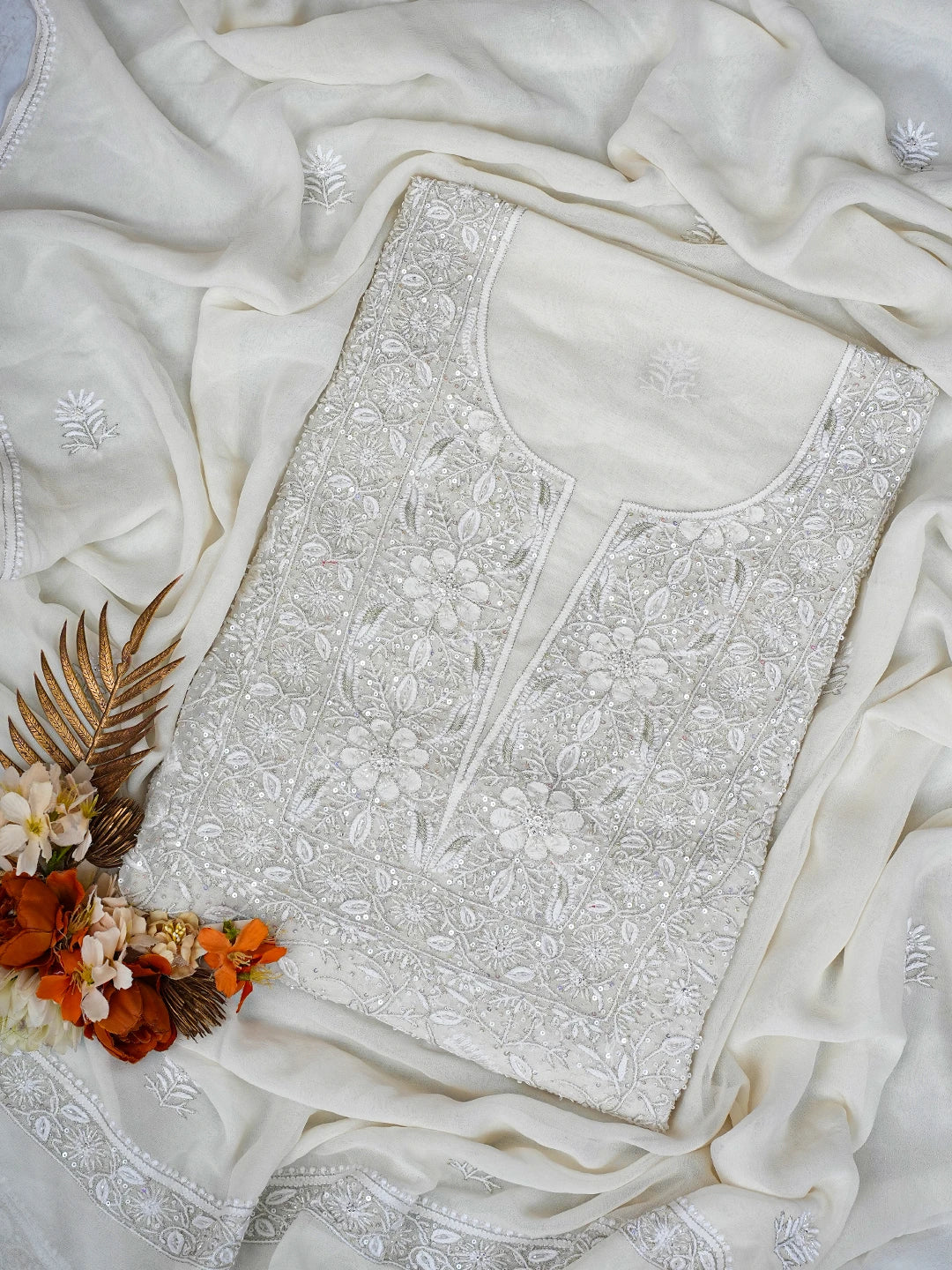 Ada Hand Embroidered White Pure Georgette Lucknowi Chikankari Unstitched Kurta Dupatta Set With Cutdana Work 01A698292