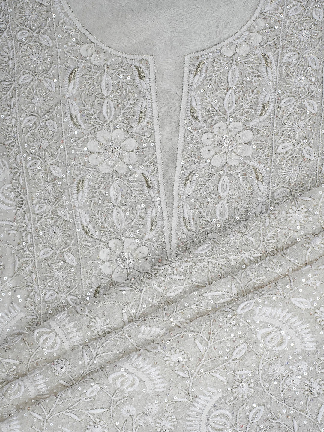 Ada Hand Embroidered White Pure Georgette Lucknowi Chikankari Unstitched Kurta Dupatta Set With Cutdana Work 01A698292