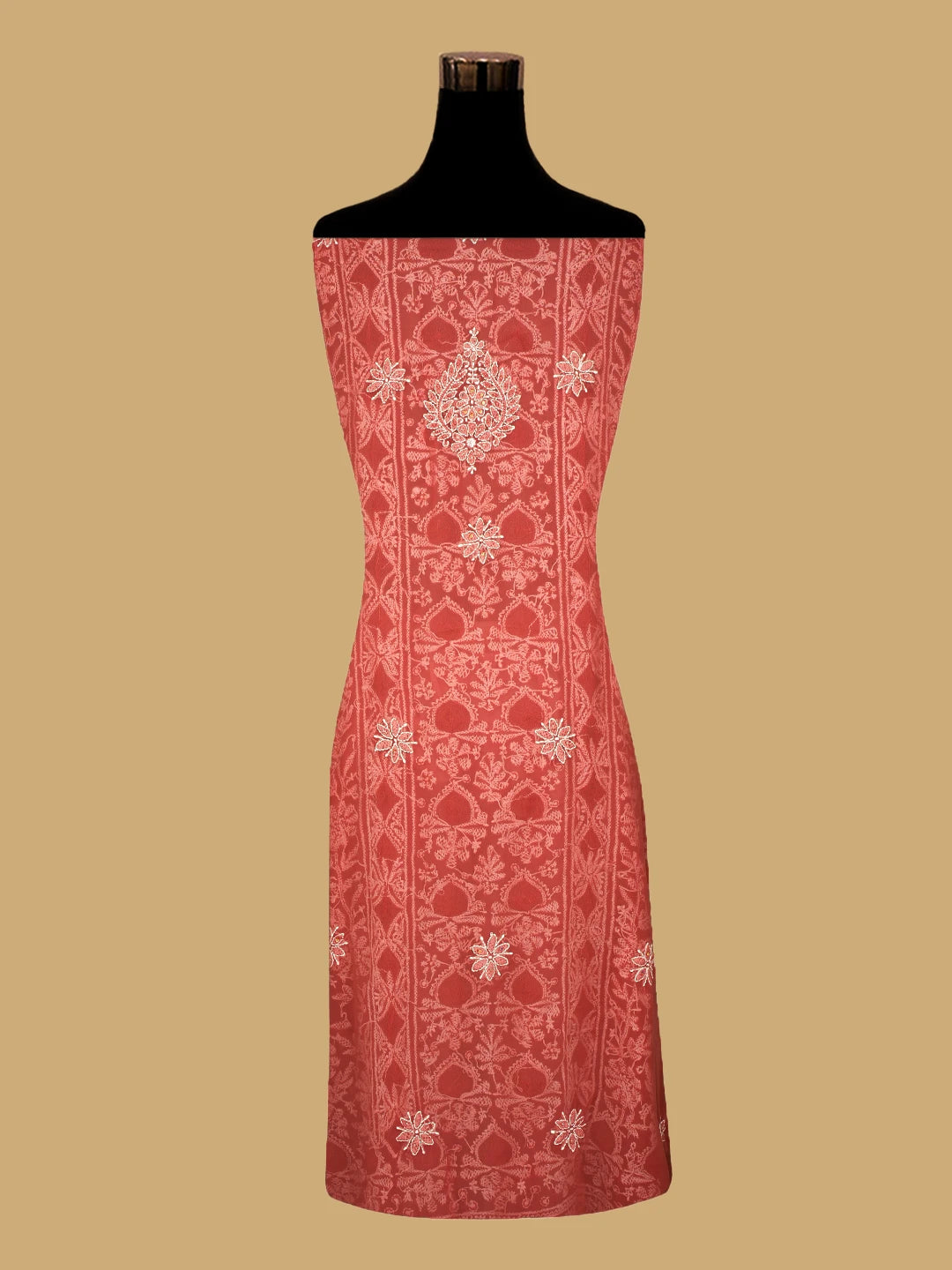 Ada Hand Embroidered Rust Georgette Lucknowi Chikankari Unstitched Suit Piece With Pearl Work 01A795413