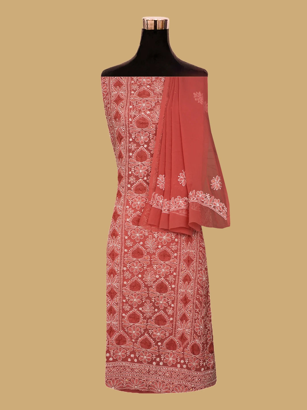 Ada Hand Embroidered Rust Georgette Lucknowi Chikankari Unstitched Suit Piece With Pearl Work 01A795413