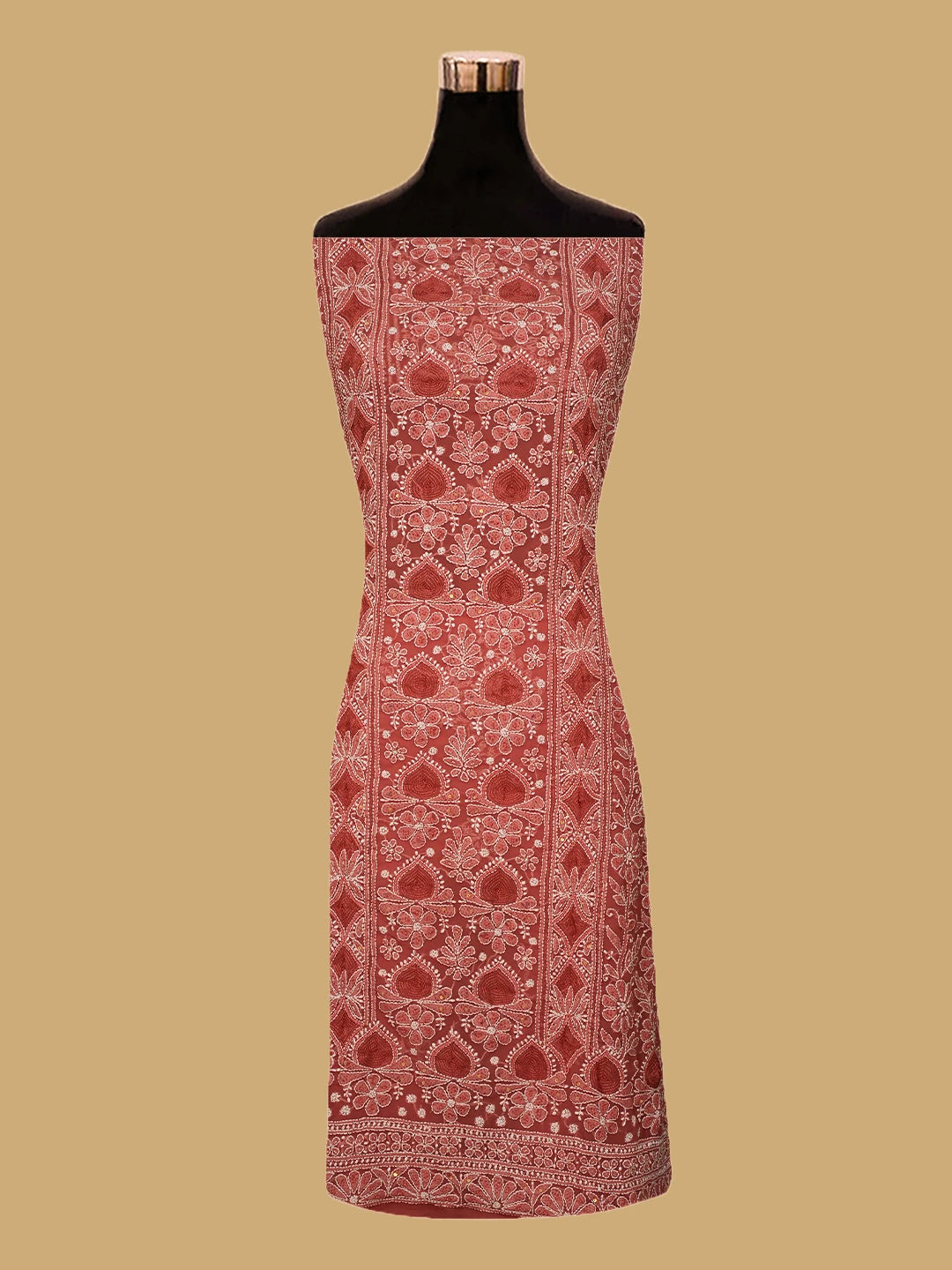 Ada Hand Embroidered Rust Georgette Lucknowi Chikankari Unstitched Suit Piece With Pearl Work 01A795413