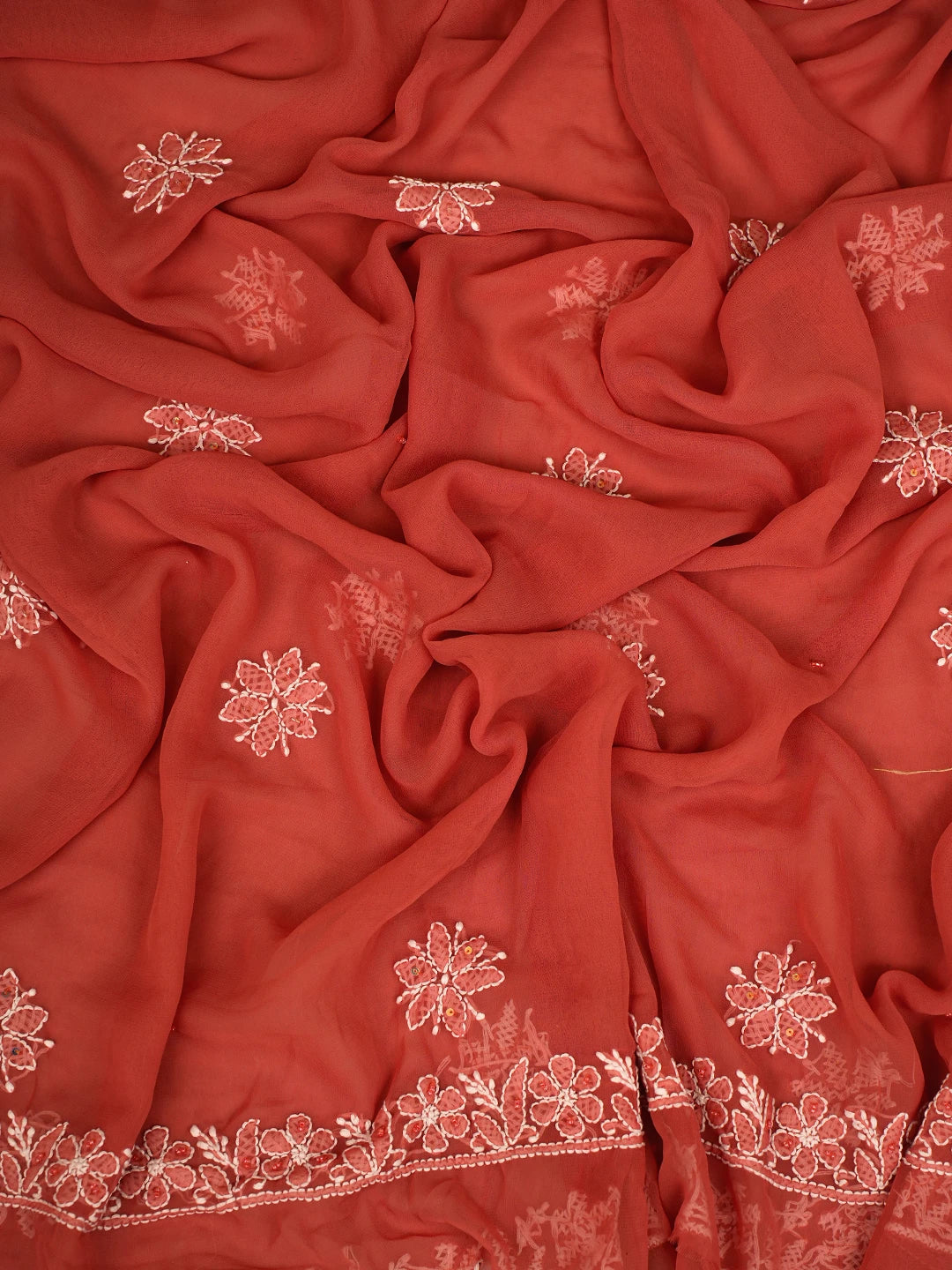 Ada Hand Embroidered Rust Georgette Lucknowi Chikankari Unstitched Suit Piece With Pearl Work 01A795413
