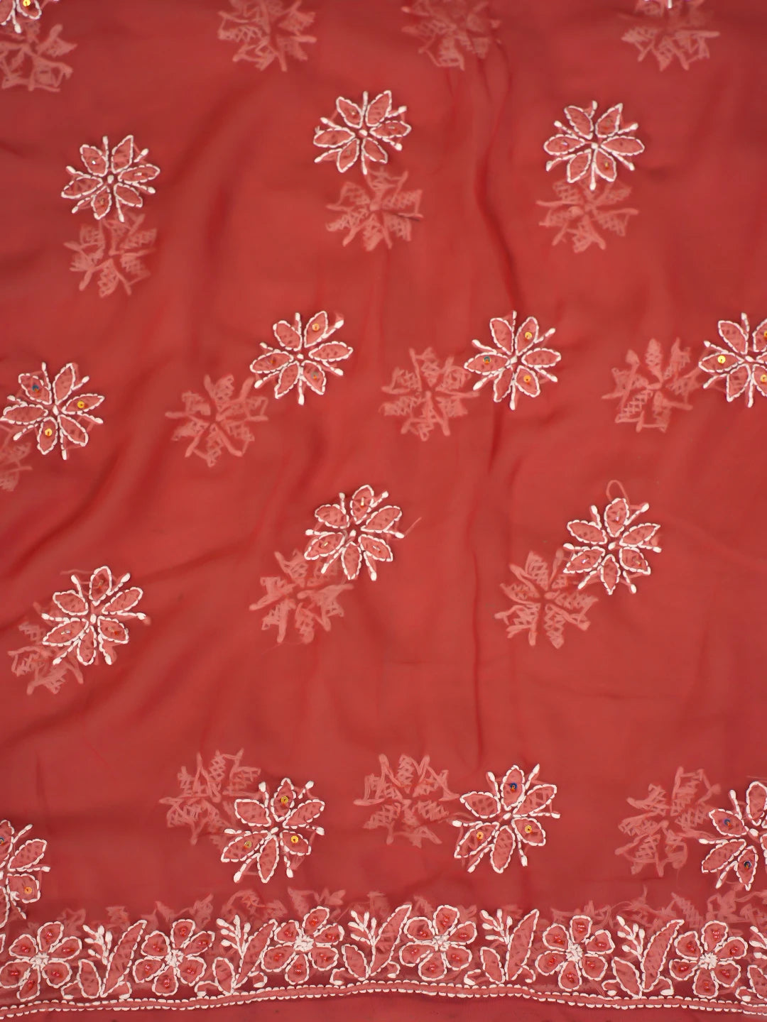 Ada Hand Embroidered Rust Georgette Lucknowi Chikankari Unstitched Suit Piece With Pearl Work 01A795413