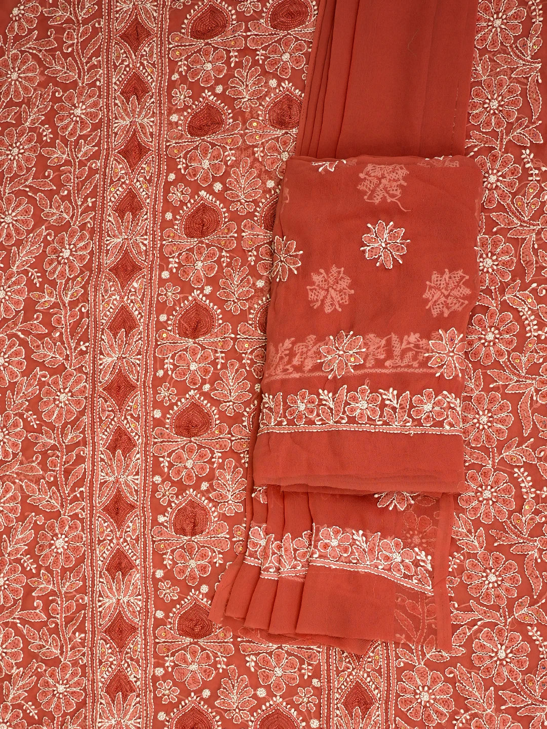 Ada Hand Embroidered Rust Georgette Lucknowi Chikankari Unstitched Suit Piece With Pearl Work 01A795413