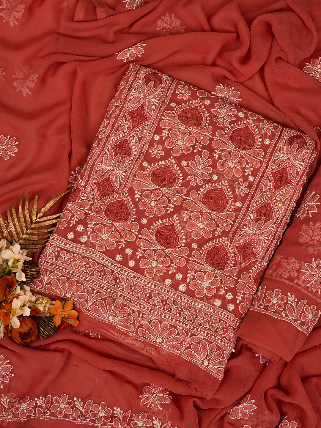 Ada Hand Embroidered Rust Georgette Lucknowi Chikankari Unstitched Suit Piece With Pearl Work 01A795413