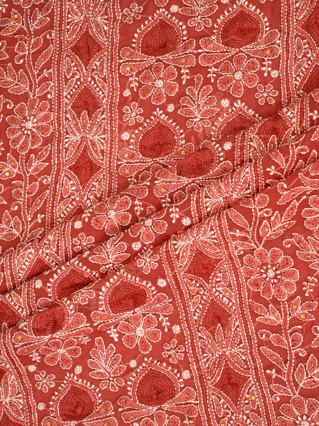 Ada Hand Embroidered Rust Georgette Lucknowi Chikankari Unstitched Suit Piece With Pearl Work 01A795413