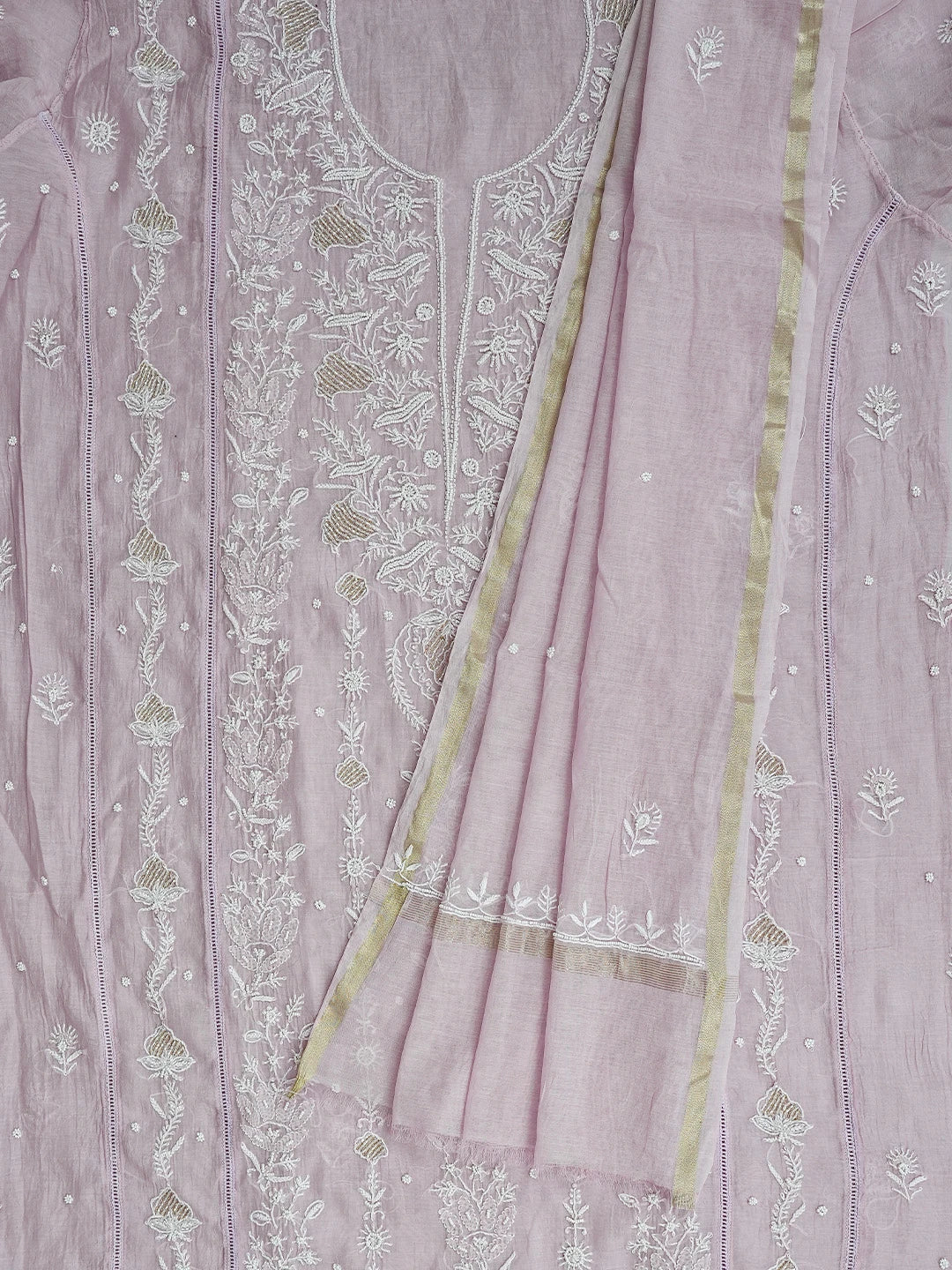 Ada Hand Embroidered Lavender Chanderi Lucknowi Chikankari Semi-Stitched Kurta Dupatta Set With Cutdana Work 01A777473