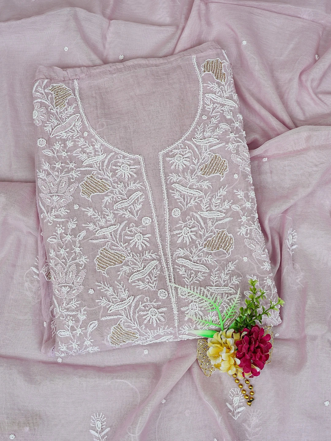 Ada Hand Embroidered Lavender Chanderi Lucknowi Chikankari Semi-Stitched Kurta Dupatta Set With Cutdana Work 01A777473