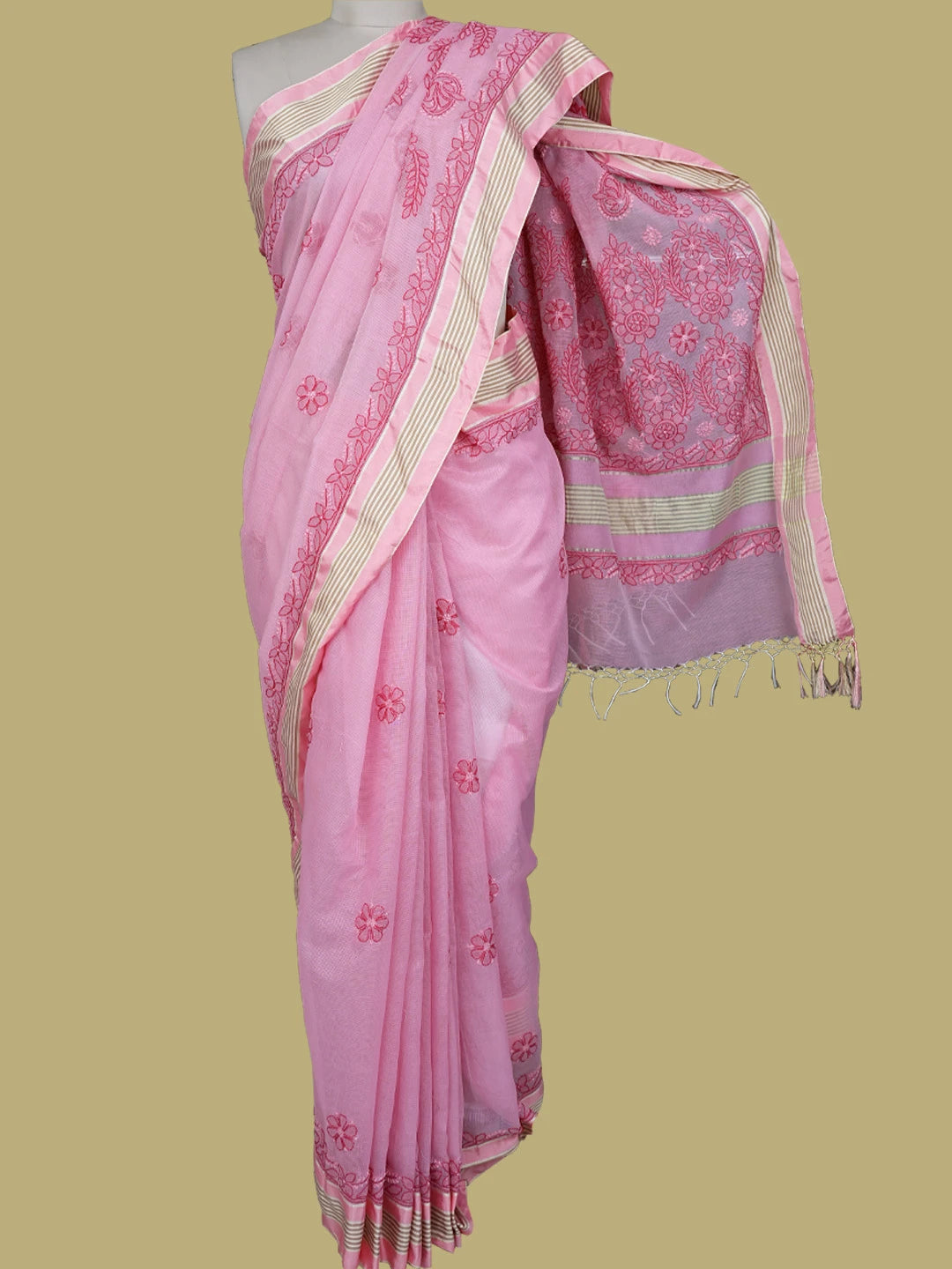 Ada Hand Embroidered Orchid Pink Kota Chanderi Lucknowi Chikankari Saree and Blouse 01A572790