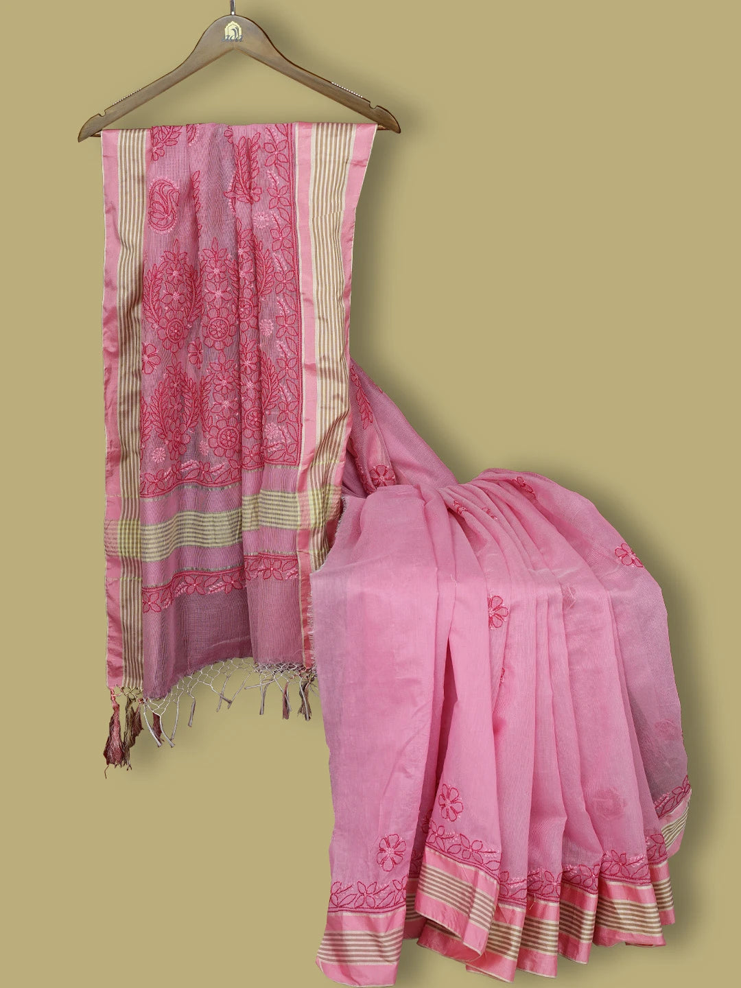 Ada Hand Embroidered Orchid Pink Kota Chanderi Lucknowi Chikankari Saree and Blouse 01A572790