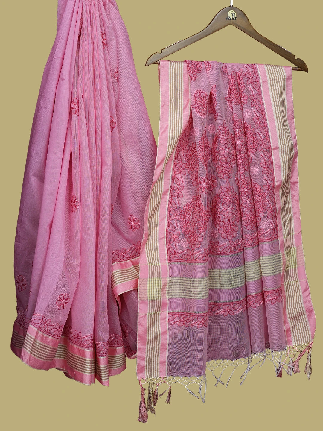 Ada Hand Embroidered Orchid Pink Kota Chanderi Lucknowi Chikankari Saree and Blouse 01A572790