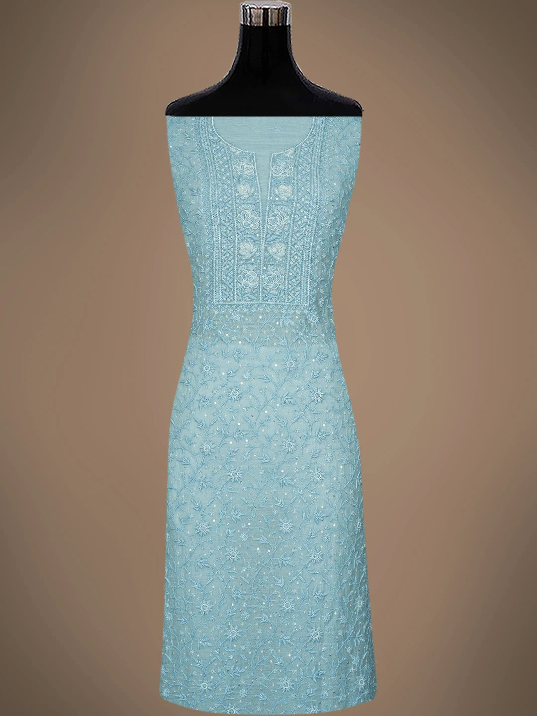 Ada Hand Embroidered Sky Blue Lucknowi Chikankari Unstitched Kurta Dupatta Set 01A771935