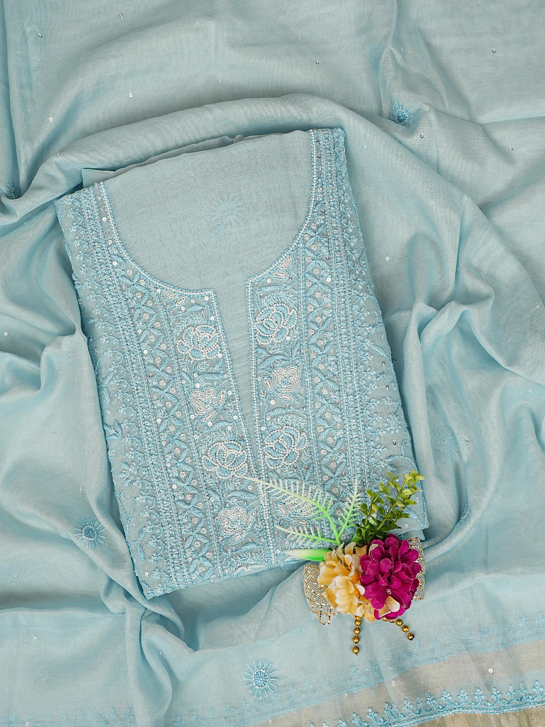 Ada Hand Embroidered Sky Blue Lucknowi Chikankari Unstitched Kurta Dupatta Set 01A771935