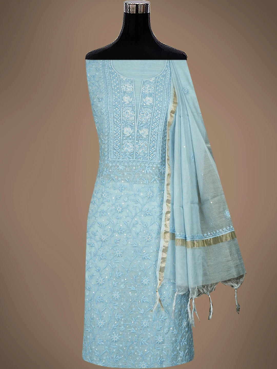 Ada Hand Embroidered Sky Blue Lucknowi Chikankari Unstitched Kurta Dupatta Set 01A771935