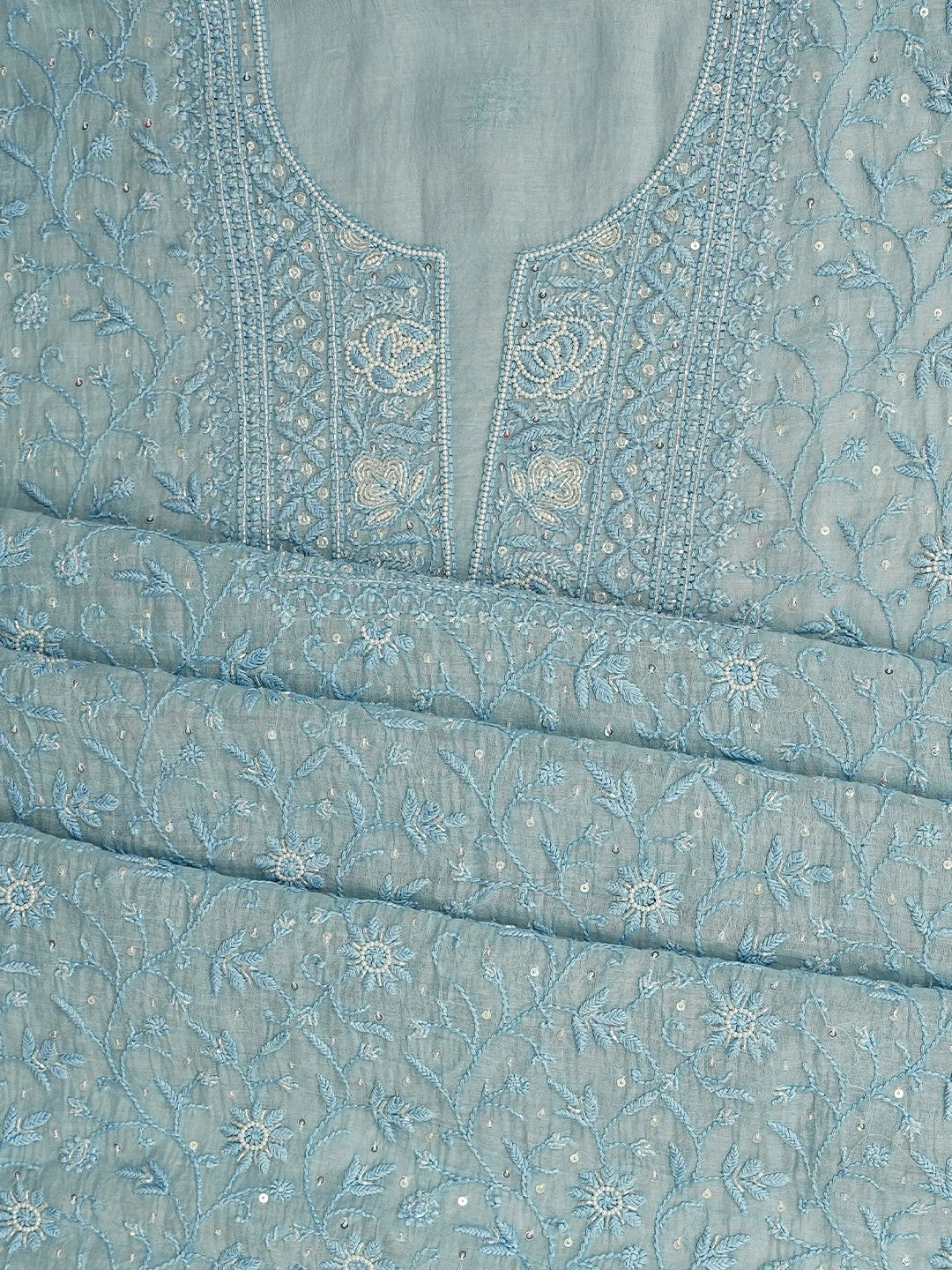 Ada Hand Embroidered Sky Blue Lucknowi Chikankari Unstitched Kurta Dupatta Set 01A771935