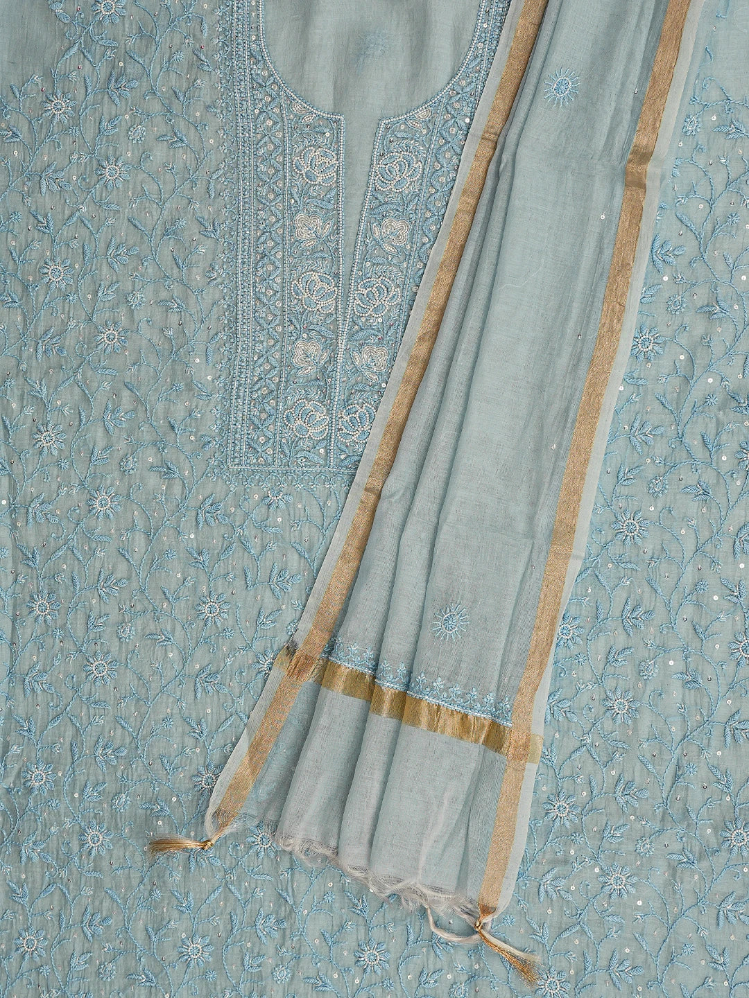 Ada Hand Embroidered Sky Blue Lucknowi Chikankari Unstitched Kurta Dupatta Set 01A771935