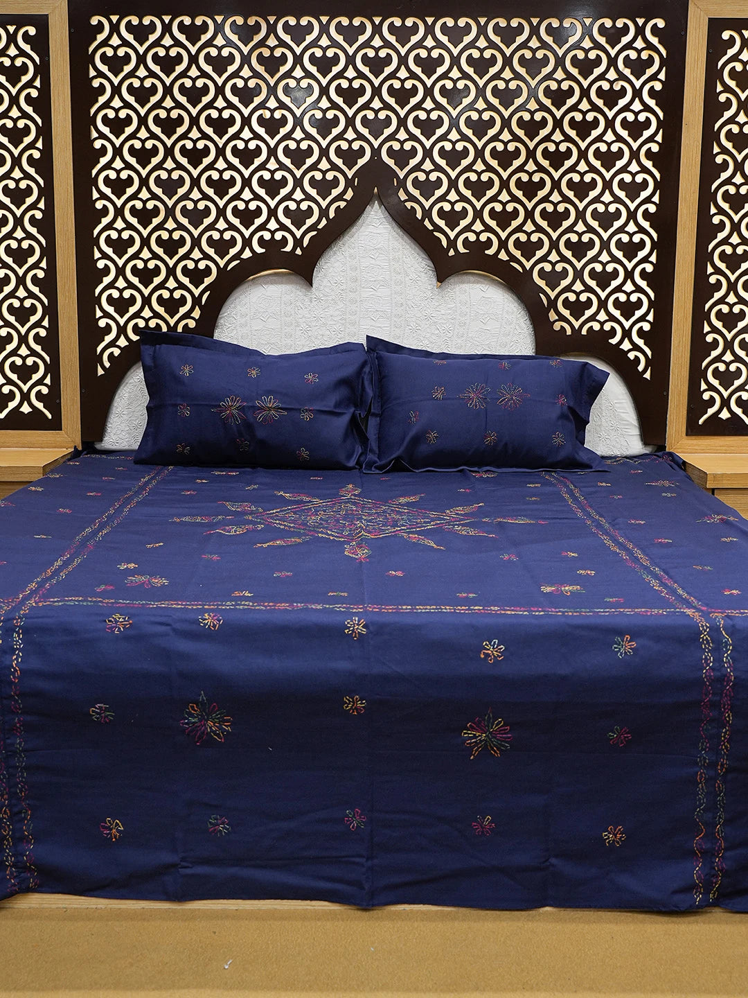 Ada Hand Embroidered Navy Blue Cotton Lucknowi Chikankari Bed Sheet With Pillow Cover Set 01A718706