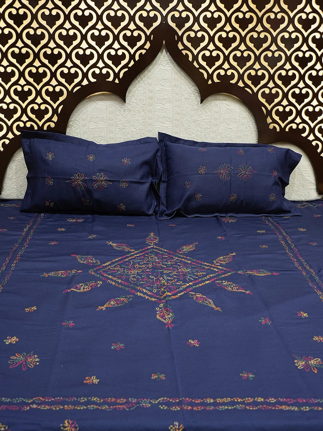 Ada Hand Embroidered Navy Blue Cotton Lucknowi Chikankari Bed Sheet With Pillow Cover Set 01A718706