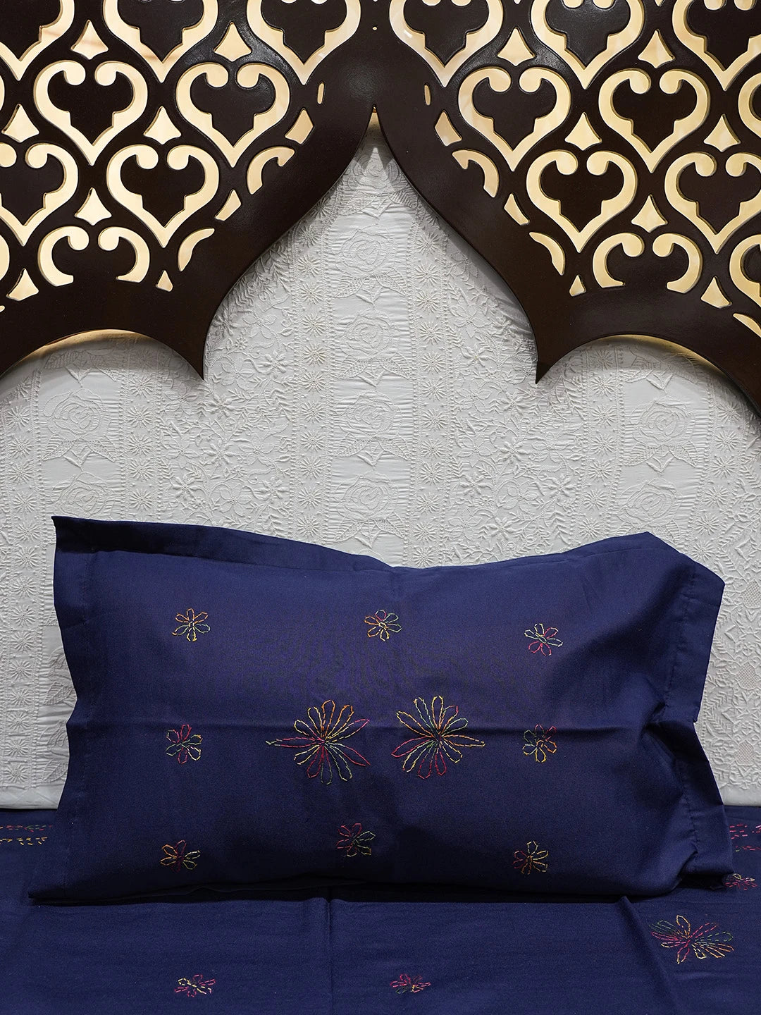 Ada Hand Embroidered Navy Blue Cotton Lucknowi Chikankari Bed Sheet With Pillow Cover Set 01A718706