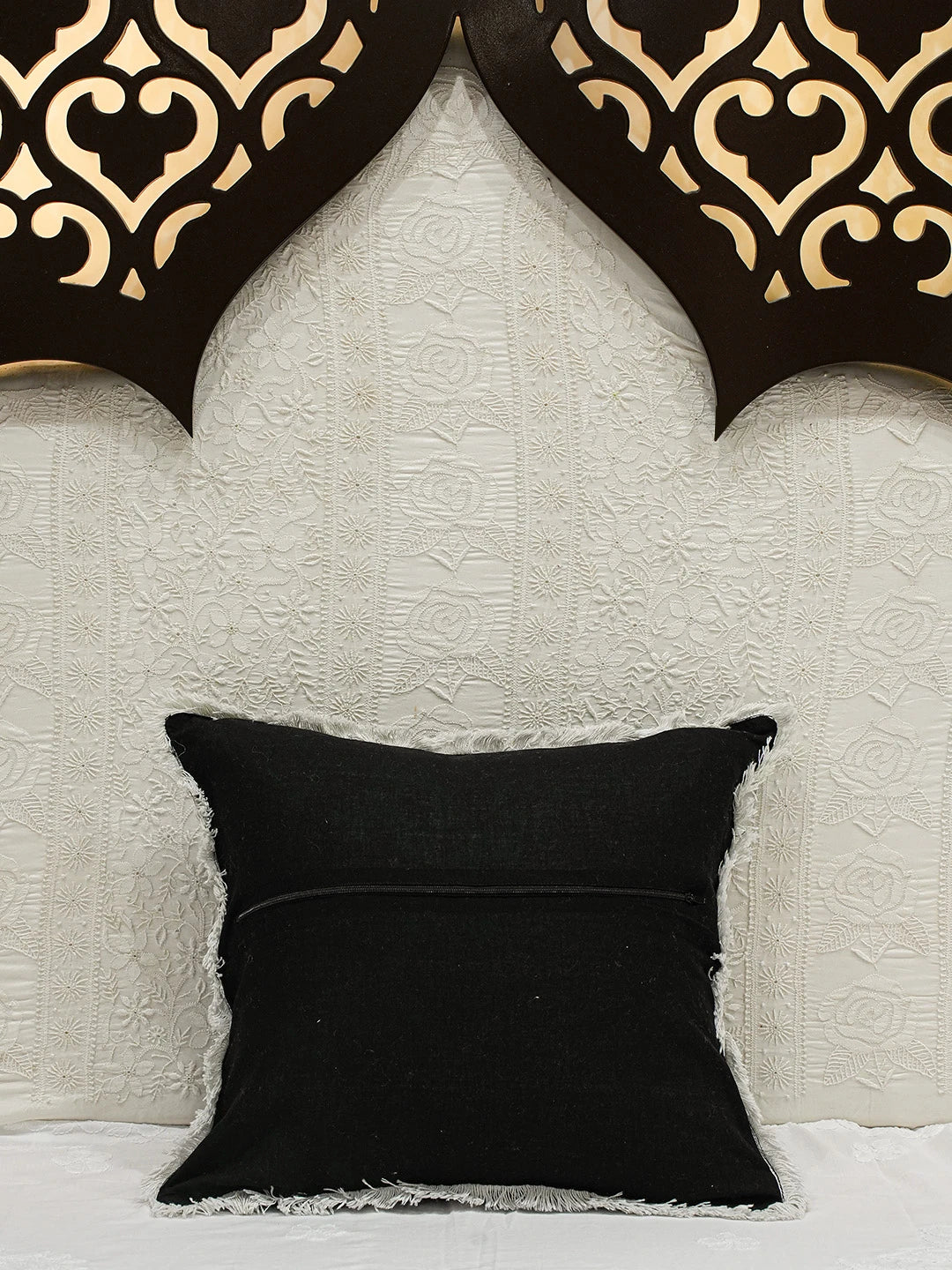 Ada Hand Embroidered Black Cotton Lucknowi Chikankari Cushion Cover With Zari Taar Work 01A625875