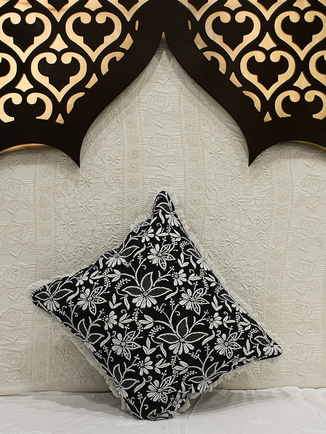 Ada Hand Embroidered Black Cotton Lucknowi Chikankari Cushion Cover With Zari Taar Work 01A625875