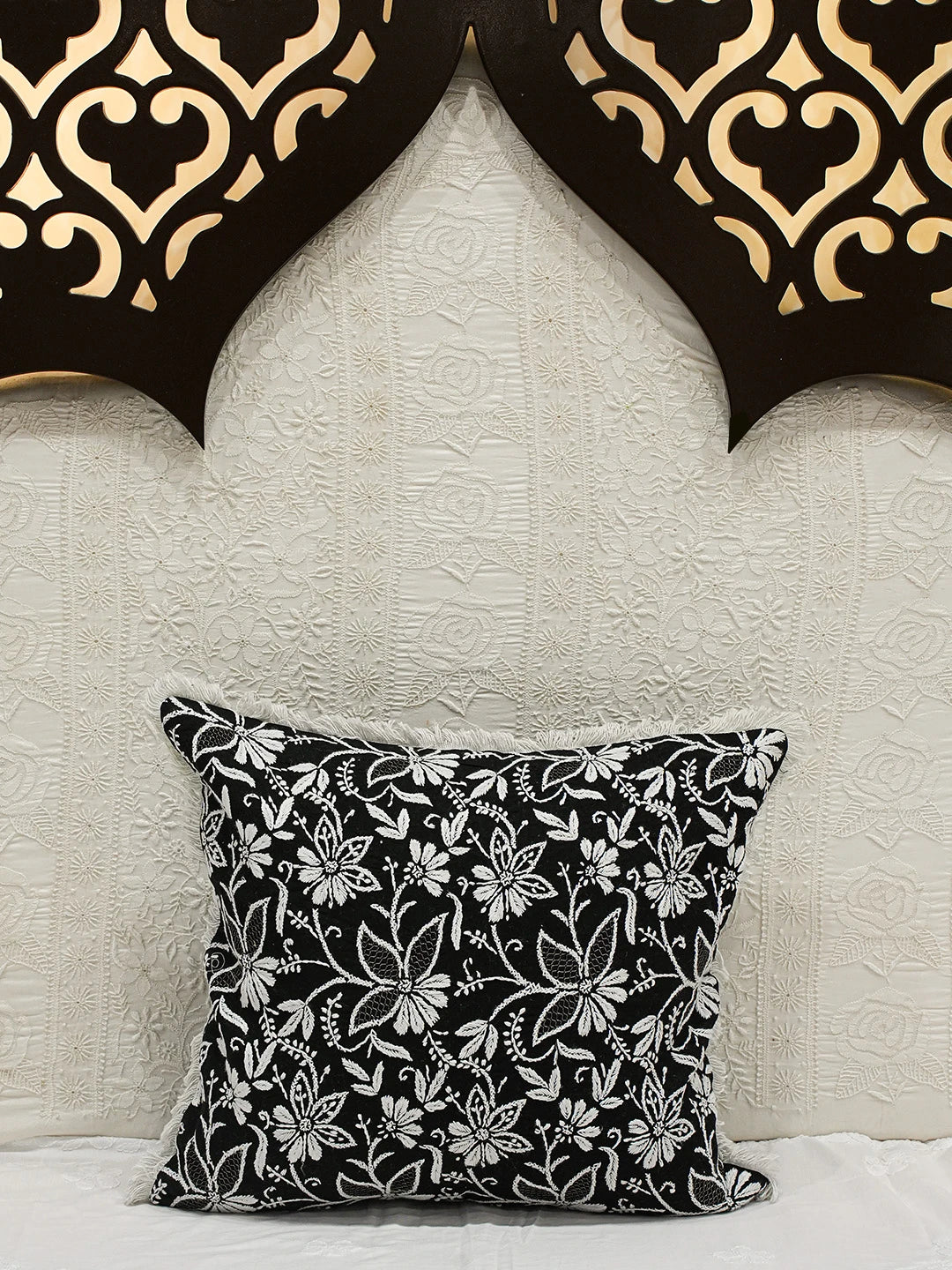 Ada Hand Embroidered Black Cotton Lucknowi Chikankari Cushion Cover With Zari Taar Work 01A625875