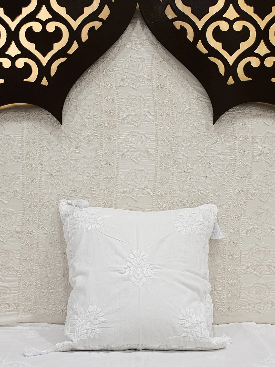 Ada Hand Embroidered White Cotton Lucknowi Chikankari Cushion Cover 01A752297