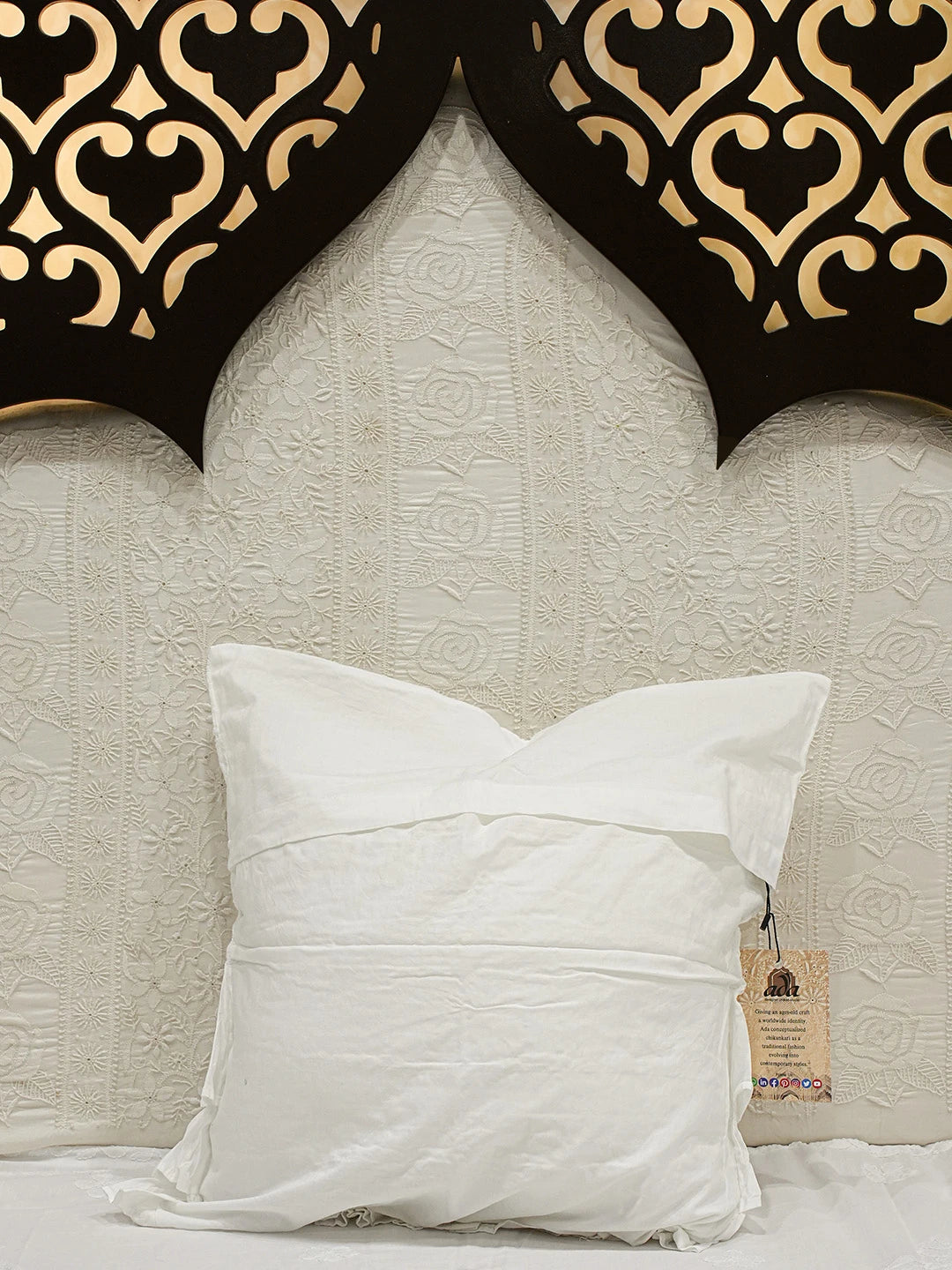 Ada Hand Embroidered White Cotton Lucknowi Chikankari Cushion Cover 01A730526
