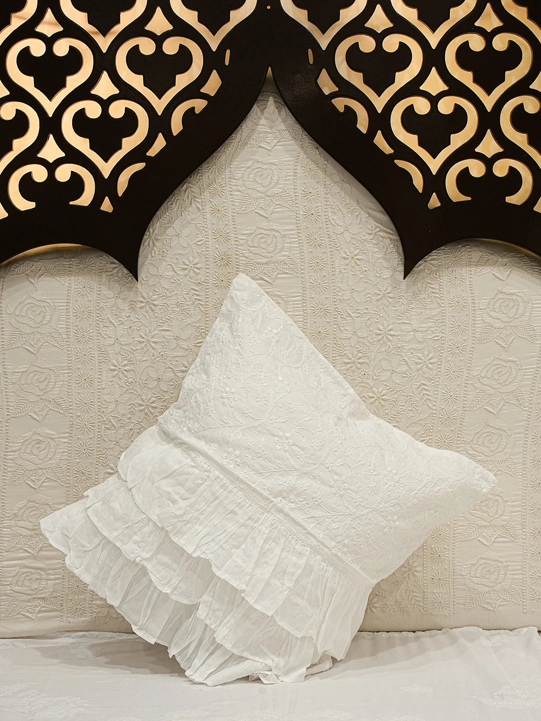 Ada Hand Embroidered White Cotton Lucknowi Chikankari Cushion Cover 01A730526